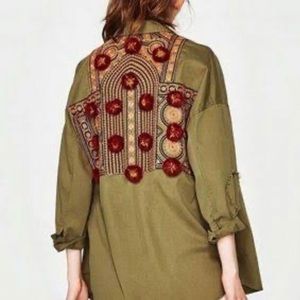 Zara Trf Outerwear Embroidered 100% Cotton Green over Shirt Oversized Size XS